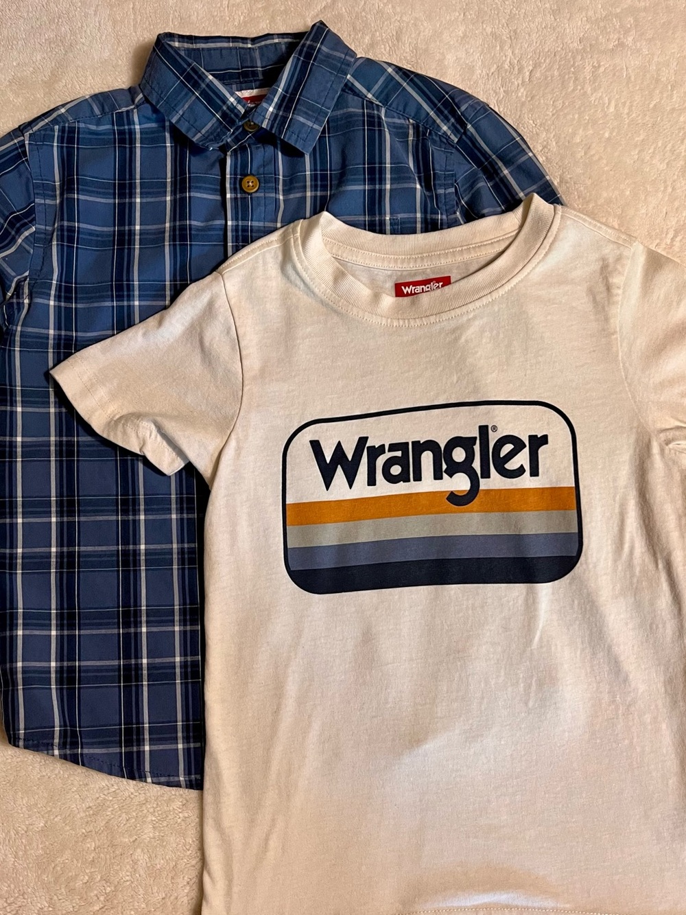 Wrangler Kids Ivory Logo Tee with Blue Plaid Shirt